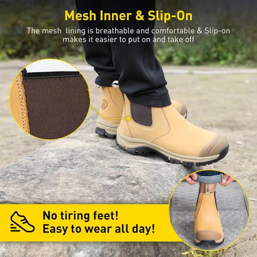 Miniatura 6 de OUXX Botas de trabajo Chelsea con punta de acero para hombre, botas de seguridad sin cordones, cuero impermeable, suela antideslizante, entresuela