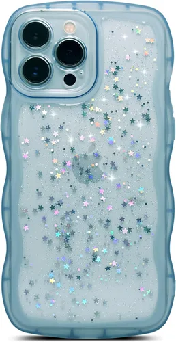 Miniatura 48 de Qokey Funda para iPhone 12 Pro Max de 6.7 pulgadas, diseño de onda rizada, borde transparente, brillante con purpurina, estrella brillante, bonita