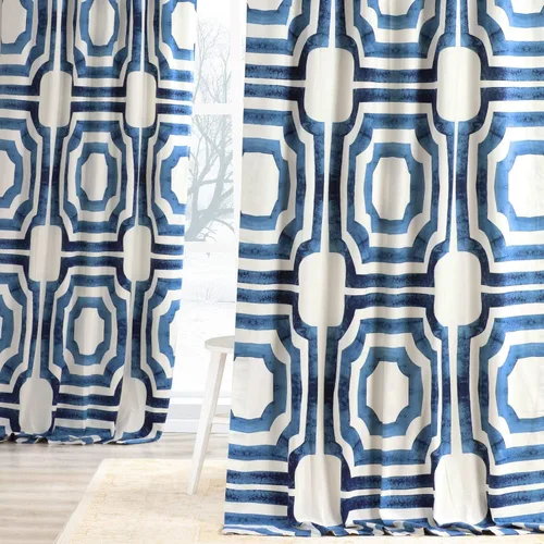 Miniatura 2 de HPD Half Price Drapes Cortinas de algodón impresas para sala de estar 50 X 84 (1 panel), PRTW-D23B-84, azul meca