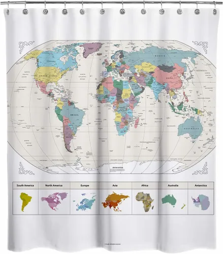 Sunlit ¡Nuevo! Mapa extra largo del mundo con ciudades importantes detalladas. Cortina de ducha de tela repelente al agua sin PVC, no tóxica e