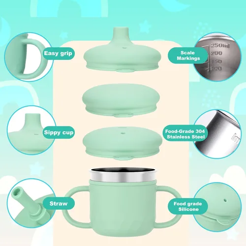 Miniatura 4 de BUSOHA Vasos para sorber de acero inoxidable para niños de más de 6 meses, 3 en 1, taza para sorber de silicona para niños pequeños con cepillo