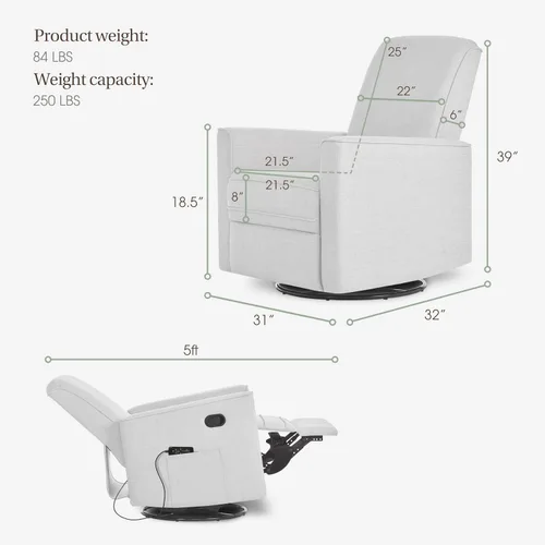 Miniatura 3 de Evolur Raleigh Glider con masajeador en carbón, asiento tapizado de felpa, mecedora giratoria de 360°, certificado FSC, Greenguard Gold y JPMA