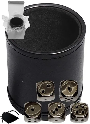 Miniatura 9 de Cyber-Deals Juego de dados de piel sintética negra con forro de fieltro negro de felpa + dados de metal de aleación de zinc de 0.630 pulgadas, caja