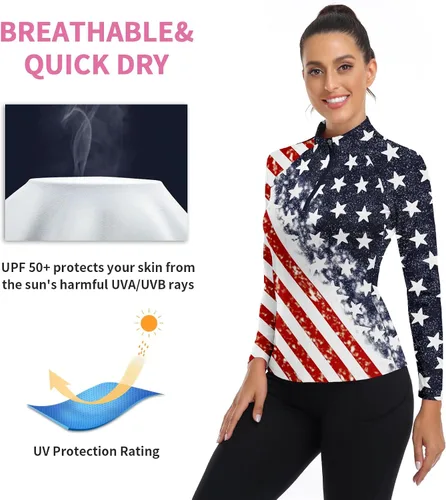 Miniatura 134 de WOWENY Camiseta deportiva de manga larga para mujer, con cremallera de un cuarto, cuello para entrenamiento, camiseta de tenis con estampado