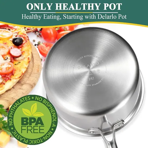 Miniatura 6 de DELARLO Cacerola de Acero Inoxidable Tri-Capa para Todo el Cuerpo de 3 Cuartos con Tapa, Apta para Horno 600℉, Sartén Saucier Resistente de 3