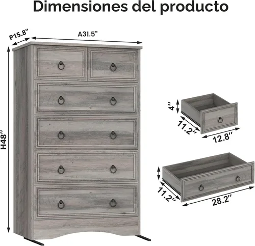 Miniatura 3 de VVFLU Cómoda gris de 48 pulgadas de alto con 6 cajones para dormitorio, organizador de almacenamiento grande para ropa, para sala de estar, Gris topo