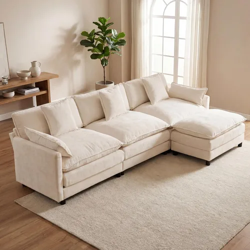 Miniatura 9 de Juego de sofá modular de 107 pulgadas con otomana, sofá convertible en forma de L, sofá de asiento profundo de felpilla de 3 plazas con almohadas