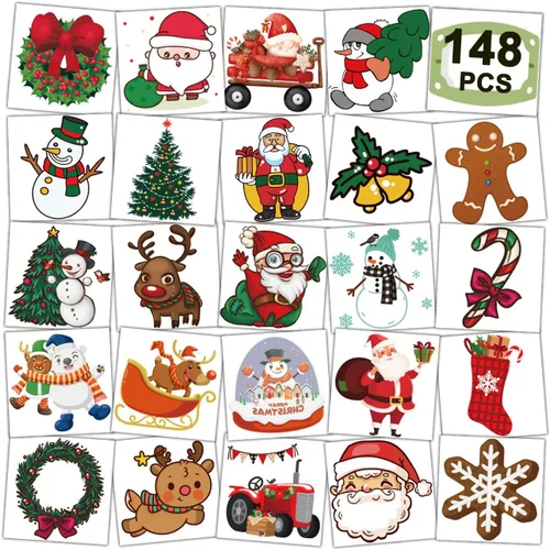 CHARLENT Tatuajes temporales de Navidad para niños, 148 tatuajes individuales para niños, recuerdos de fiesta de Navidad, relleno de calcetines