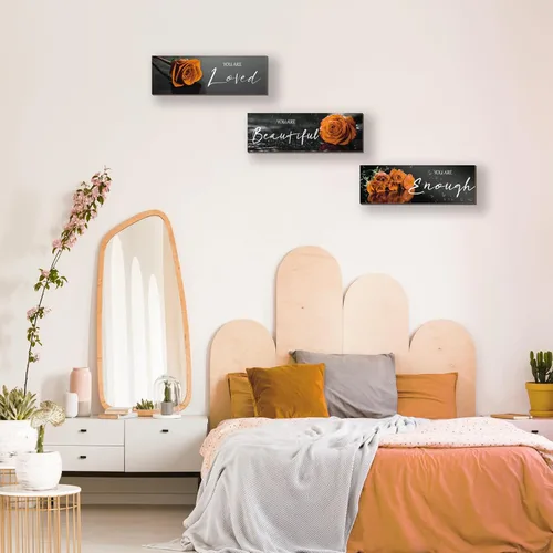 Miniatura 5 de ZINYAZHE 3 piezas de decoración de pared naranja inspiradoras rosas naranjas decoración de baño, arte de pared de madera, citas positivas You Are