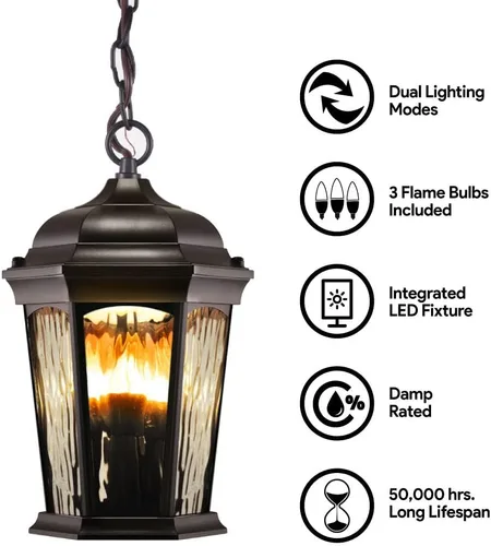 Miniatura 4 de Euri Lighting EHL-130W-MD, linterna colgante de llama parpadeante, vidrio de agua, con luz de seguridad integrada (3000 K), función seleccionable