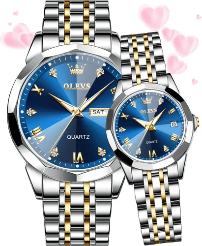 OLEVS Reloj para parejas para él y ella, reloj analógico de cuarzo para hombres y mujeres, de acero inoxidable, impermeable, luminoso, fecha, reloj