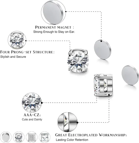 Miniatura 2 de Jstyle Juego de 4 pares de aretes magnéticos de acero inoxidable para hombres y mujeres tono plateado circonia cúbica sin piercing 0236-0315in