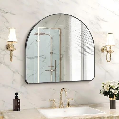 Miniatura 15 de FORBATH Espejo de baño arqueado de 16 x 24 pulgadas, espejo de baño negro montado en la pared, moderno marco de aleación de aluminio, espejo de arco