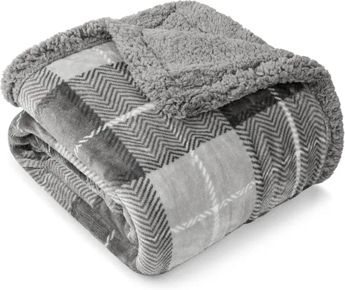 PAVILIA Premium Manta de vellón sherpa a cuadros súper suave, acogedora, afelpada, microfibra ligera, reversible para sofá y cama, para todas las