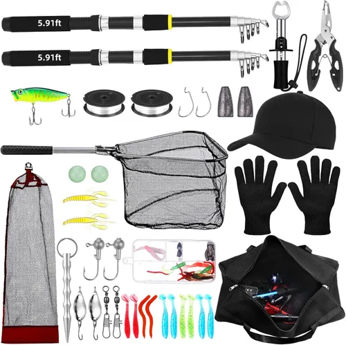 Combo de caña de pescar telescópica y carrete de 2 piezas, kit de caña de pescar plegable con alicates para labios, señuelos, bolsa de transporte,