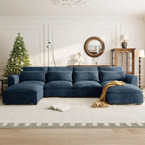 Miniatura 10 de Sofá modular de gran tamaño, moderno en forma de U, tapizado en pana suave con una tumbona para sala de estar