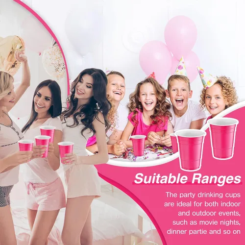 Miniatura 6 de Lounsweer 100 vasos desechables de graduación de 16 onzas para fiesta, vasos de plástico resistentes para agua potable, para cumpleaños, baby Rosa