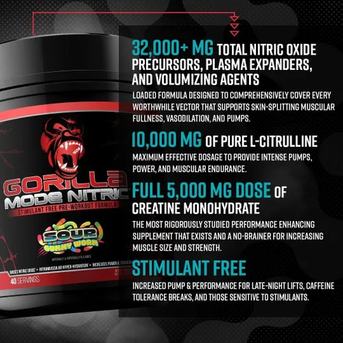 Miniatura 5 de Gorilla Mode Nitric - Preentrenamiento Sin Estimulantes Mejorado – El Mejor Sabor y Más Efectivo Preentrenamiento Sin Estimulantes/Bombas Masivas ·