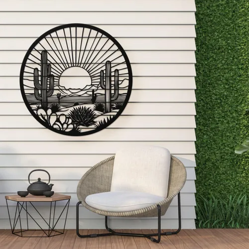 Miniatura 8 de Arte de pared de metal de cactus del desierto, decoración de pared redonda del desierto con diseño de cactus y puesta de sol, arte de pared de metal