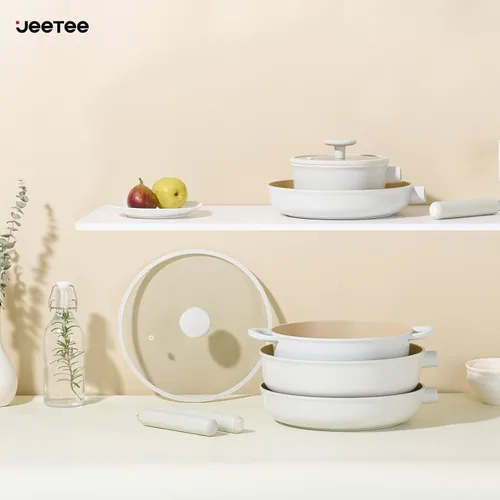 Miniatura 7 de JEETEE Juego de utensilios de cocina de cerámica, 15 ollas y sartenes antiadherentes con asas extraíbles, juego de utensilios de cocina de inducción