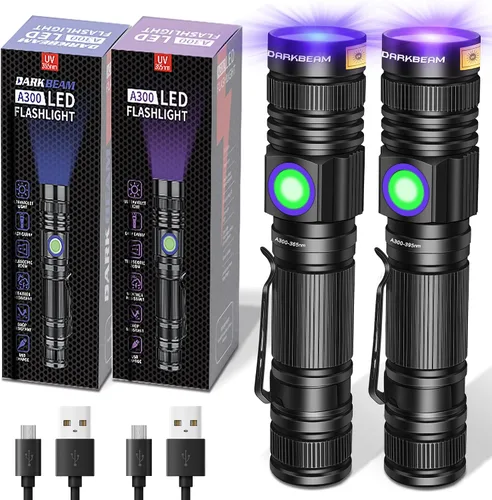 DARKBEAM Linterna UV 365nm y 395nm Luz Negra Recargable USB, Lámpara de Wood Luz Negra Ultravioleta LED Portátil - Detector para Orina de Mascotas y
