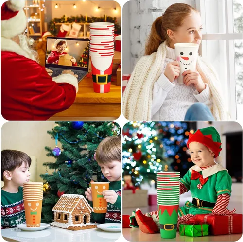 Miniatura 7 de Gerrii 60 piezas de tazas de papel desechables de Navidad de 16 onzas para beber té, bebidas frías y calientes, tazas de Santa, muñeco de nieve