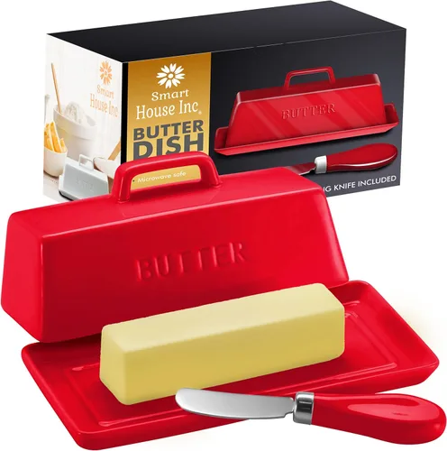 Juego de mantequillera de cerámica con tapa y cuchillo - [Rojo] - Portamantequilla decorativo con mango para 1 barra de mantequilla - Apto para