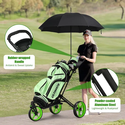 Miniatura 8 de GYMAX Carrito de golf plegable con rueda delantera giratoria, carrito de golf ajustable de 3 ruedas, carrito de golf compacto fácil de plegar