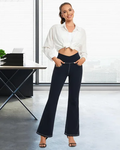 Miniatura 3 de G4Free Pantalones de yoga con bolsillos para mujer, leggings acampanados de 29, 31, 33 pulgadas, cintura cruzada, capri