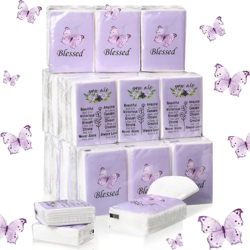 Harloon Paquete de 30 pañuelos faciales cristianos de bolsillo de mariposa morada, pañuelos de viaje individuales de 3 capas para boda, viajes,