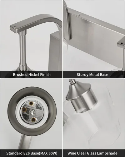 Miniatura 4 de foucasal Accesorios de Luz de Baño de Níquel Cepillado Luz de Tocador de Baño con Pantalla de Vidrio Transparente, 2 Luces Modernas de Pared