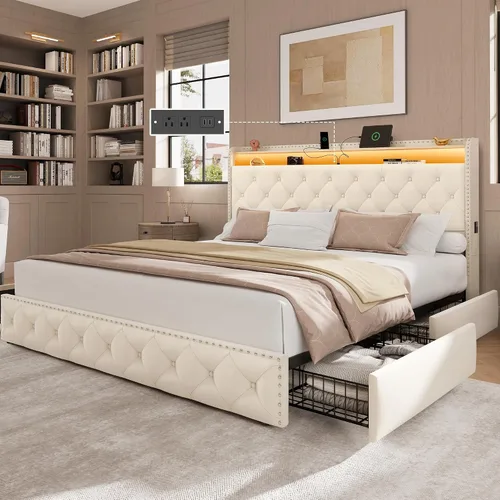 Miniatura 15 de LARMACE Base de cama tamaño King con 4 cajones de almacenamiento, base de cama tapizada de terciopelo, plataforma King con luces LED y estación