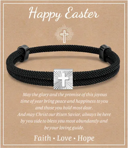 Miniatura 9 de MEALGUET Relleno de cesta de Pascua para niños: pulseras ajustables de cruz de fe de cuerda negra para niños de 6, 8, 10, 12, 14, 16 años