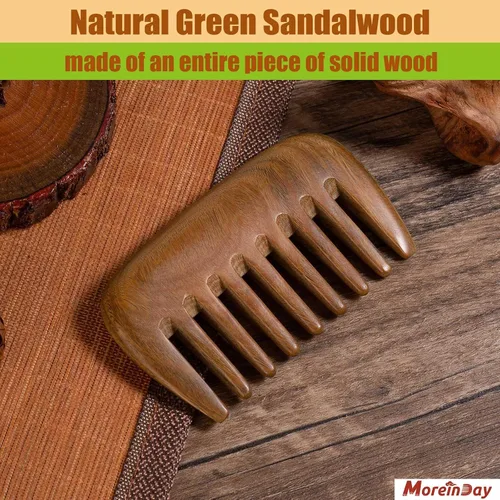 Miniatura 8 de Peine de madera, peine de madera de dientes anchos para mujeres, masaje y distribución de aceites para el cuero cabelludo, sándalo verde No