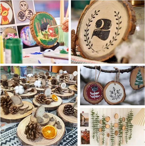 Miniatura 6 de 30 paquetes de rebanadas de madera para manualidades, 2.4-2.8 pulgadas de rondas de madera natural sin acabar con corteza de árbol. Círculos