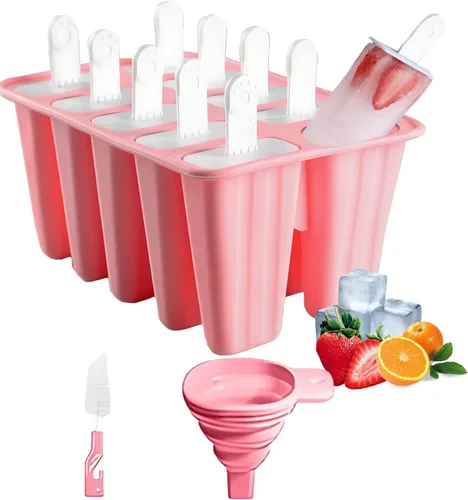 Moldes de silicona para paletas, 10 moldes para hacer paletas de hielo con 10 palos reutilizables, cepillo de limpieza y embudo, moldes caseros de