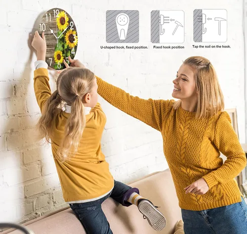 Miniatura 4 de Naanle Elegante reloj de pared redondo de madera vintage con diseño de girasoles 3D, de 9.5 pulgadas, funciona con pilas, de cuarzo, analógico