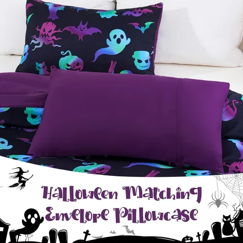 Miniatura 6 de Menghomeus Juego de ropa de cama de Halloween, tamaño King, color negro, juego de funda de edredón con diseño de calabaza y fantasma de dibujos