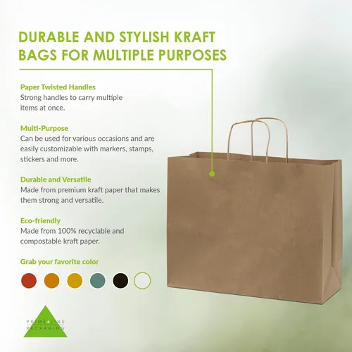Prime Line Packaging Bolsas de regalo marrones, bolsas de compras de papel kraft grandes con asas para pequeñas empresas, boutiques, tiendas