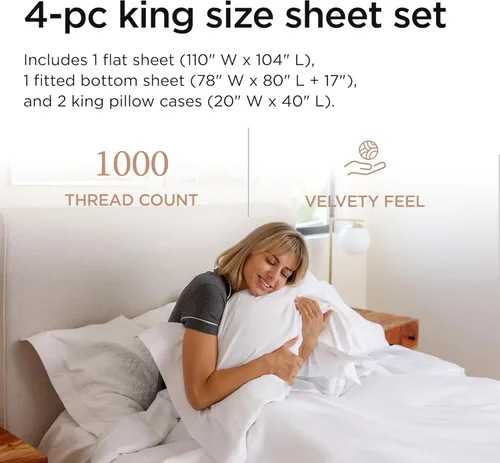 Miniatura 2 de Threadmill Sábanas 100% de algodón Supima americano, tamaño King, 1000 hilos, juego de sábanas de 4 piezas, sábana de satén suave, sábana de cama