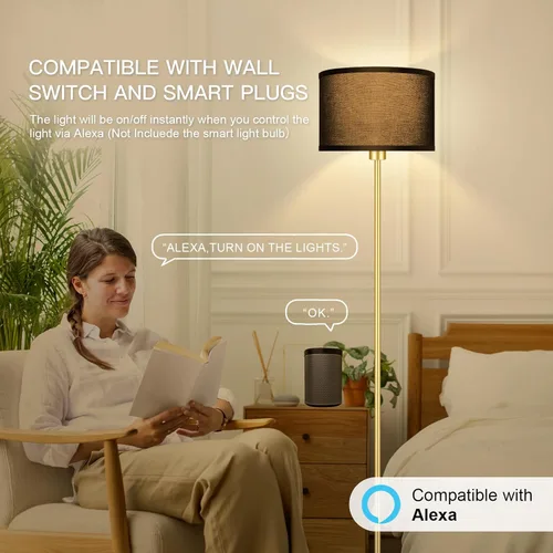 Miniatura 7 de Lámparas de pie doradas para sala de estar, lámpara de pie moderna y brillante, pantallas negras, interruptor de pie, lámparas de poste simple