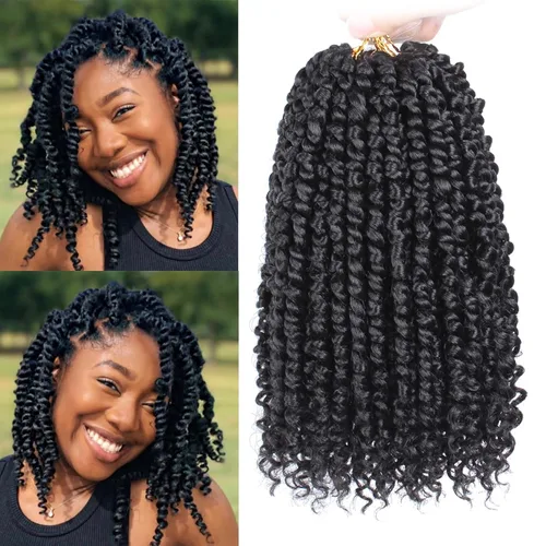 Leeven 8 paquetes de 8 pulgadas, extensiones de cabello trenzado de ganchillo pretrenzado con rizos en los extremos, color negro natural
