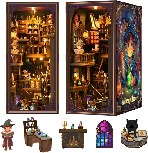 Miniatura 7 de Rincón de libros, kit de casa en miniatura, rompecabezas 3D de madera, luces LED, manualidades de decoración para adultos y adolescentes