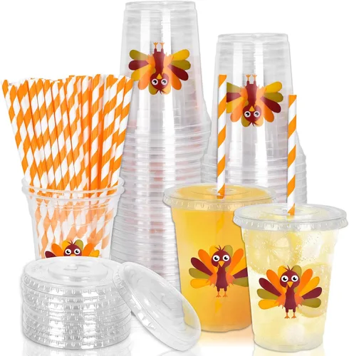 Miniatura 32 de Whaline 50 vasos de plástico desechables patrióticos de 12 onzas con tapas y pajitas con la bandera estadounidense del 4 de julio, vasos