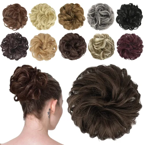 Miniatura 15 de FESHFEN Pieza de Cabello de Moño Desordenado - Extensiones Elásticas Onduladas Rizadas de Moño Scrunchies Sintético Chignon Postizos para Mujeres