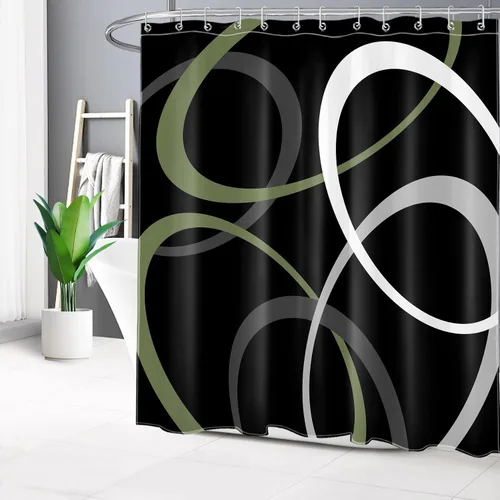 Miniatura 28 de EOBTAIN Cortina de ducha con patrón geométrico azul para baño, cortina de ducha abstracta gris y blanca sobre tela negra con 10 ganchos, cortinas