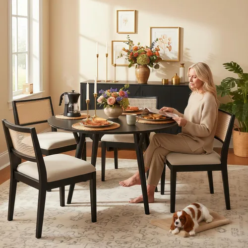Miniatura 3 de HULALA HOME Juego de 2 sillas de comedor de ratán, sillas de cocina de madera maciza francesas para comedor con respaldo curvo, silla de cena