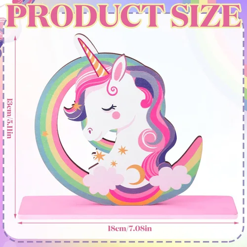 Miniatura 3 de Barydat 4 piezas de unicornio para mesa de cumpleaños, decoración de arco iris, temática de unicornio de madera, letrero de cumpleaños, accesorios