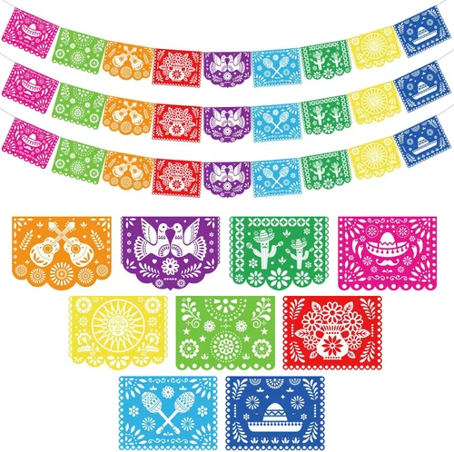 Miniatura 8 de DomeStar - Decoración de fiesta mexicana, pancarta de papel picado de plástico de 18 pies, banderines de fiesta de Cinco de Mayo para suministros