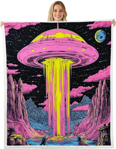 Miniatura 34 de Manta de franela de alienígena, misteriosa nave espacial estrellada con purpurina y planetas de cielo para decoración de habitaciones, manta